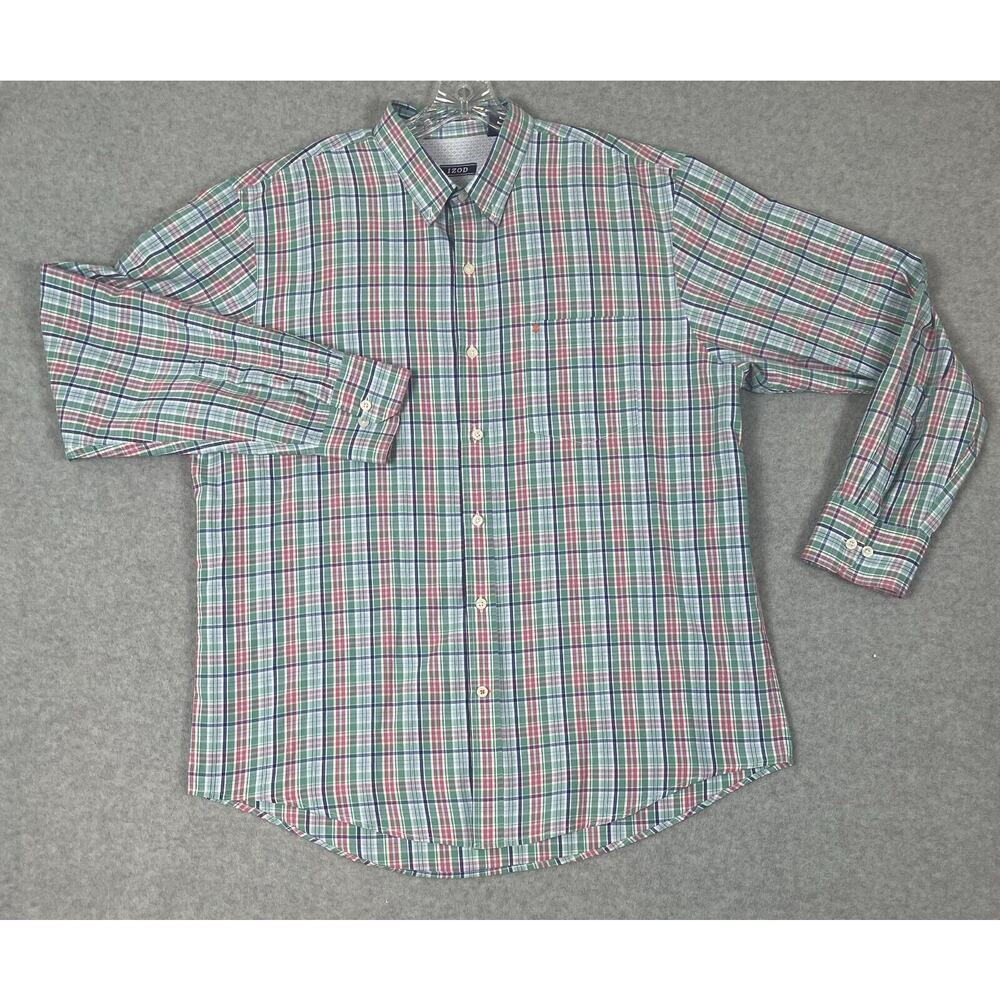 IZOD Dress Shirt Men's Size L Green Plaid Long Sleeve Cotton Blend Button Down
